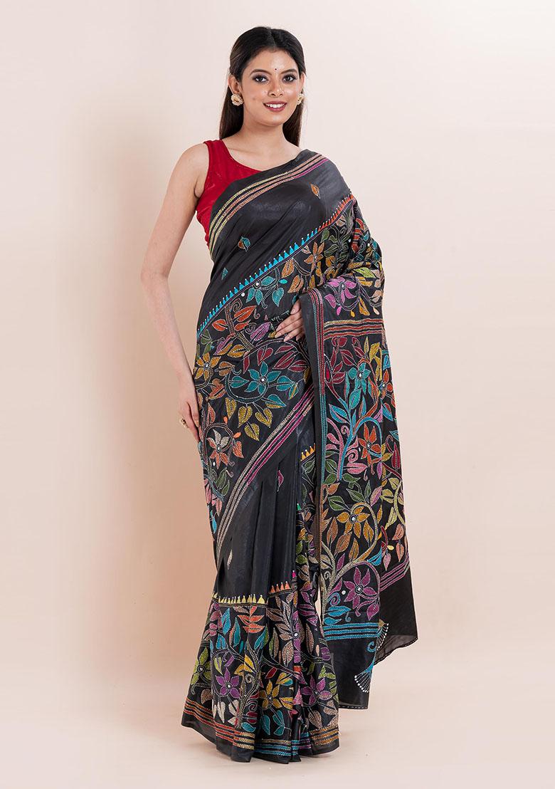 Black Kantha Work Blended Silk Saree Set