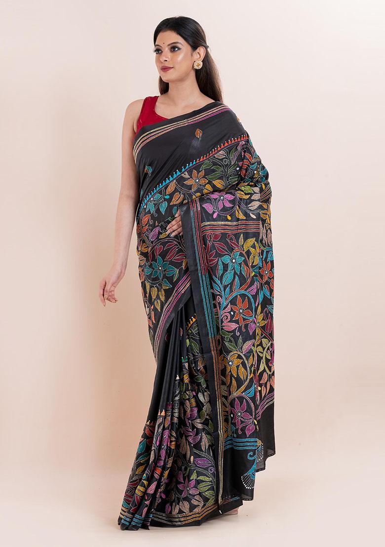 Black Kantha Work Blended Silk Saree Set