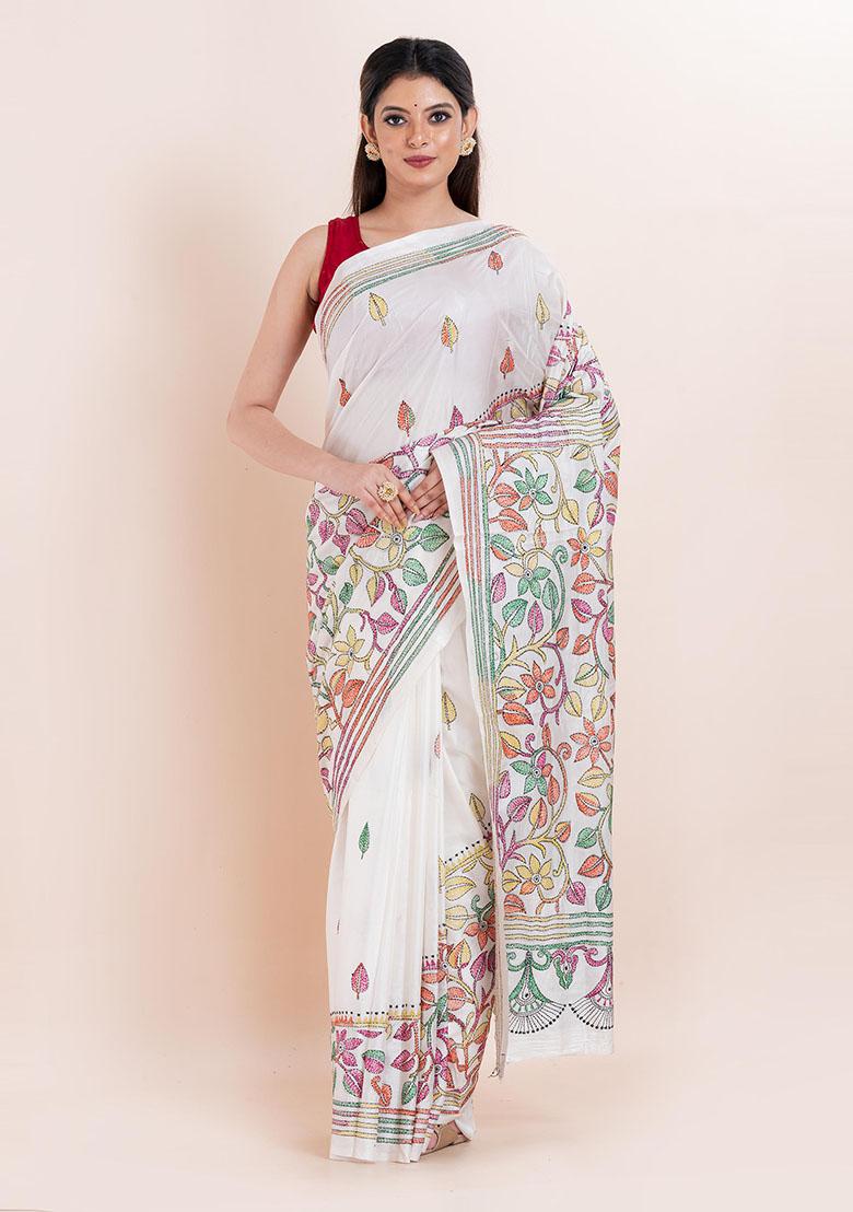 White Kantha Work Blended Silk Saree Set