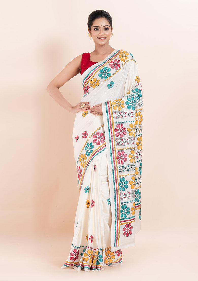 White Kantha Work Blended Silk Saree Set