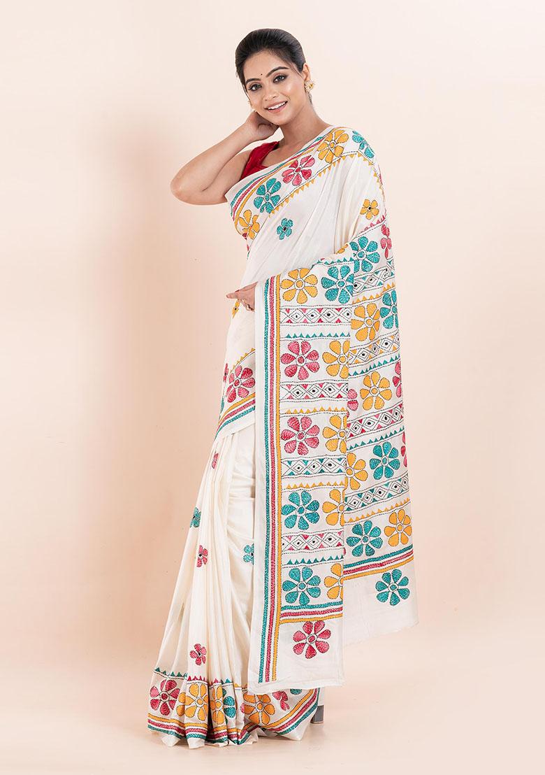White Kantha Work Blended Silk Saree Set