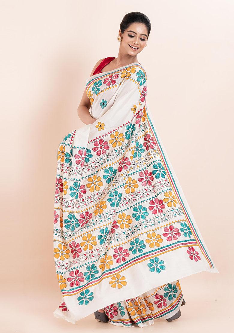 White Kantha Work Blended Silk Saree Set