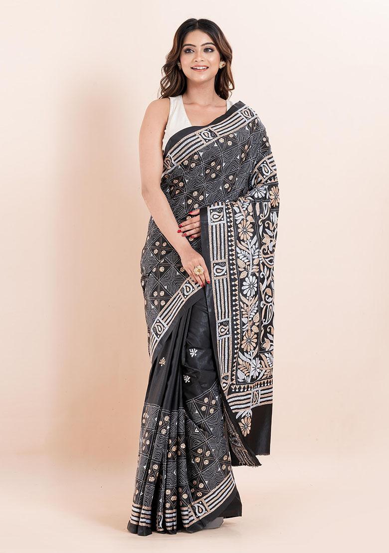 Black Kantha Work Blended Silk Saree Set