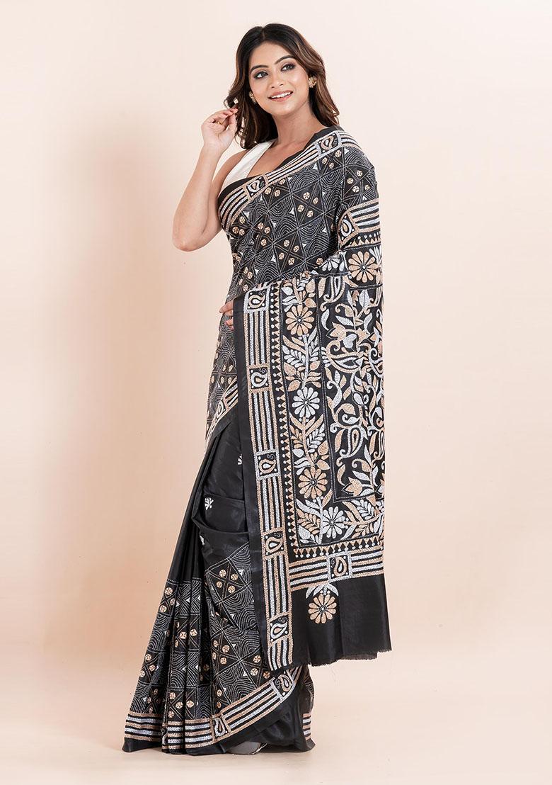 Black Kantha Work Blended Silk Saree Set