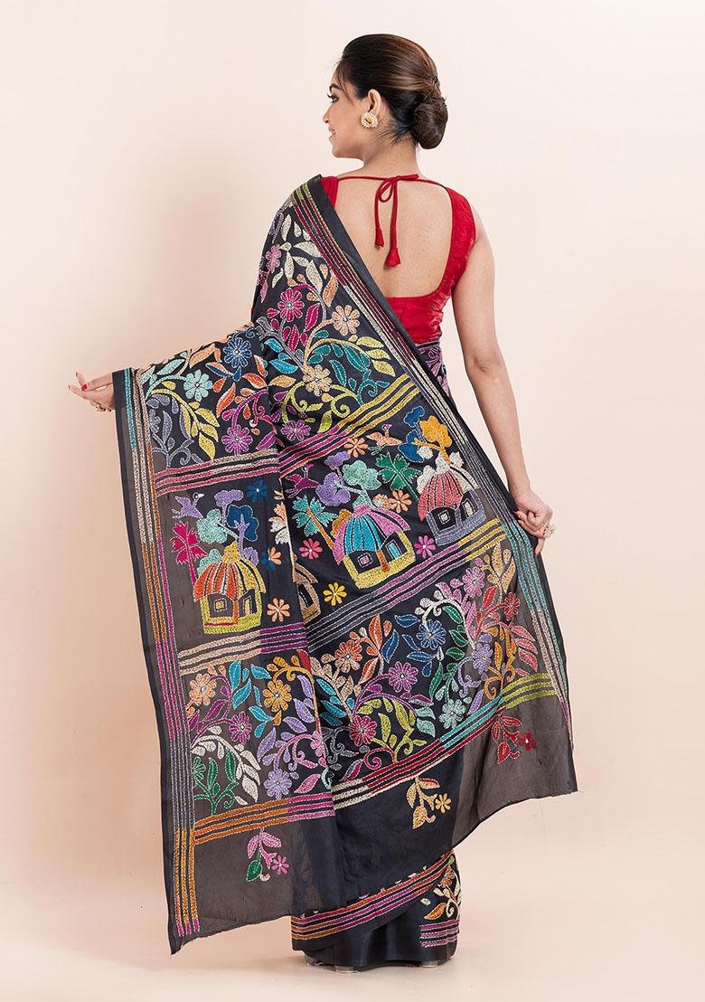 Black Kantha Work Blended Silk Saree Set