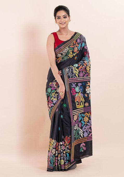 Black Kantha Work Blended Silk Saree Set