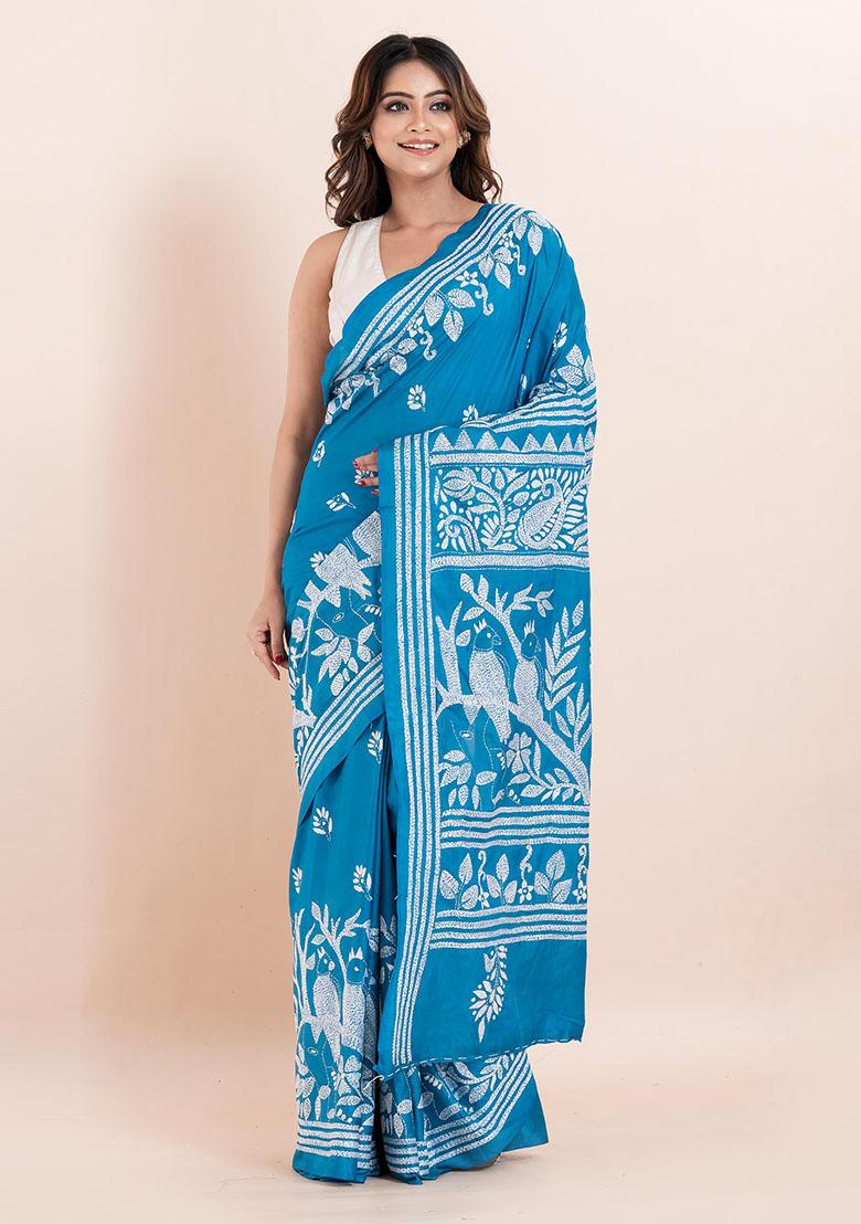 Sky Blue Kantha Work Blended Silk Saree Set
