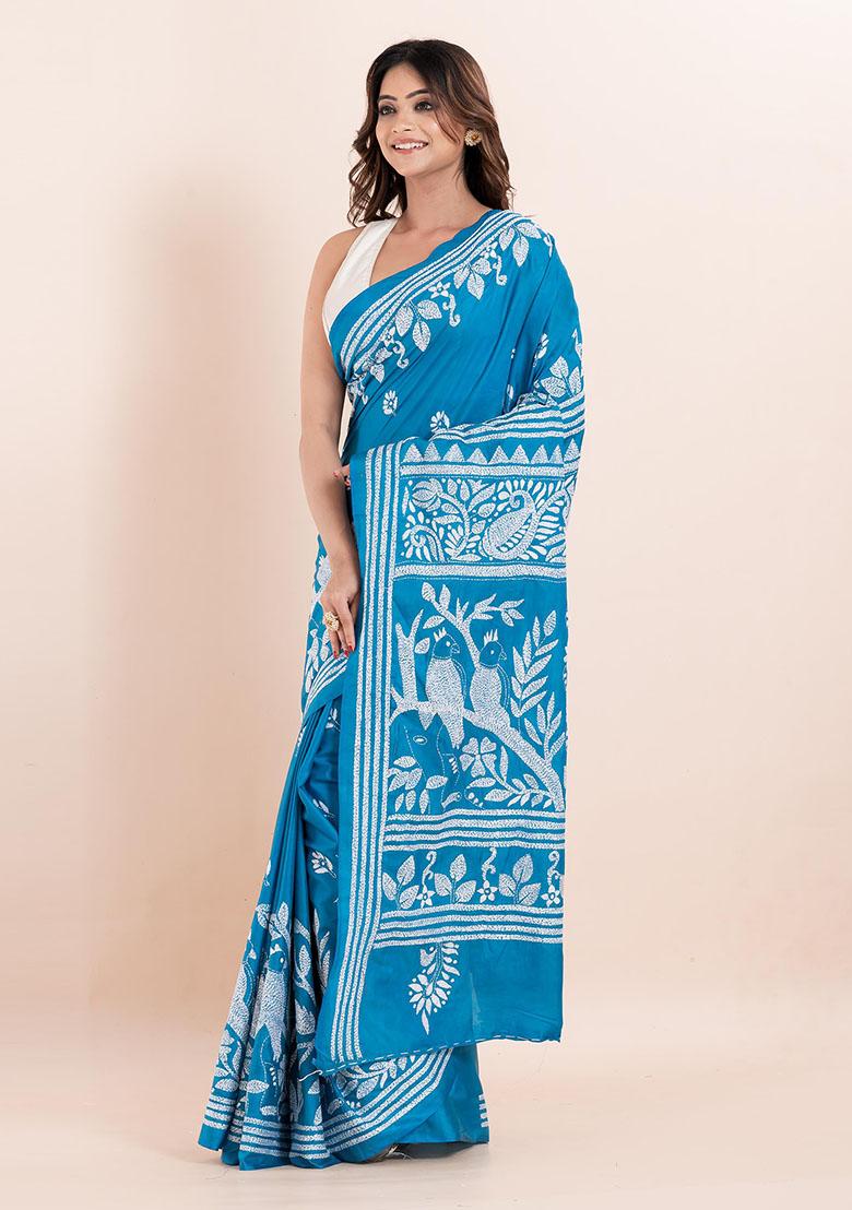 Sky Blue Kantha Work Blended Silk Saree Set