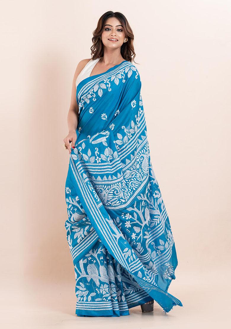 Sky Blue Kantha Work Blended Silk Saree Set