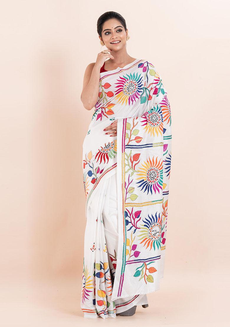 White Kantha Work Blended Silk Saree Set