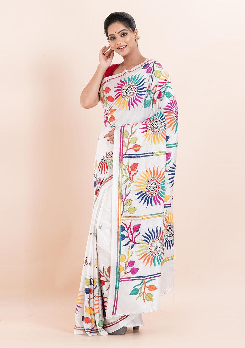 White Kantha Work Blended Silk Saree Set