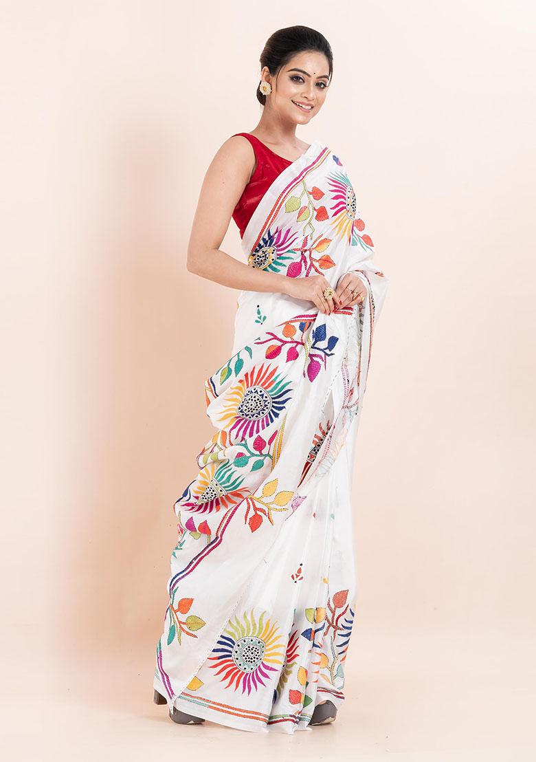 White Kantha Work Blended Silk Saree Set