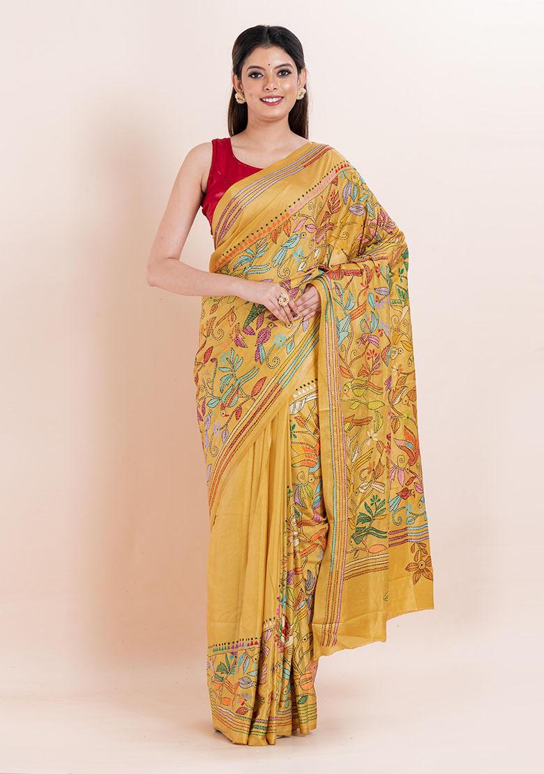 Mustard Yellow Kantha Work Blended Silk Saree Set