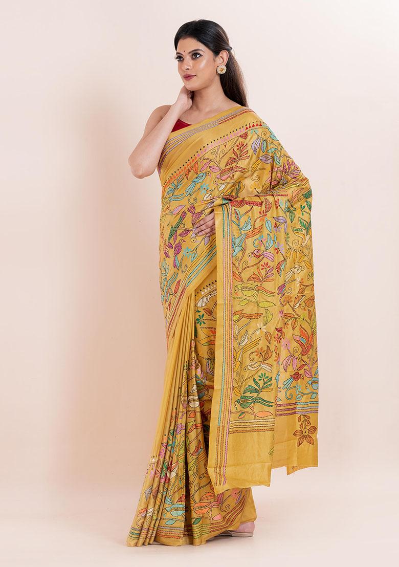 Mustard Yellow Kantha Work Blended Silk Saree Set