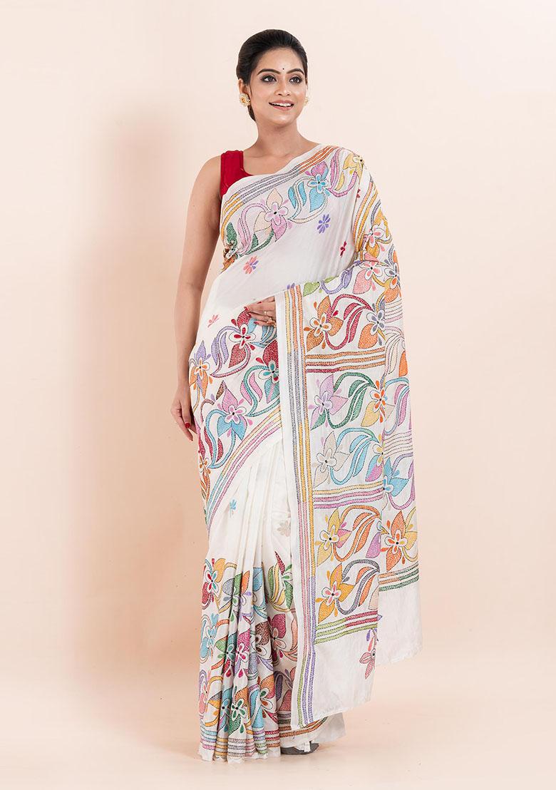 White Kantha Work Blended Silk Saree Set