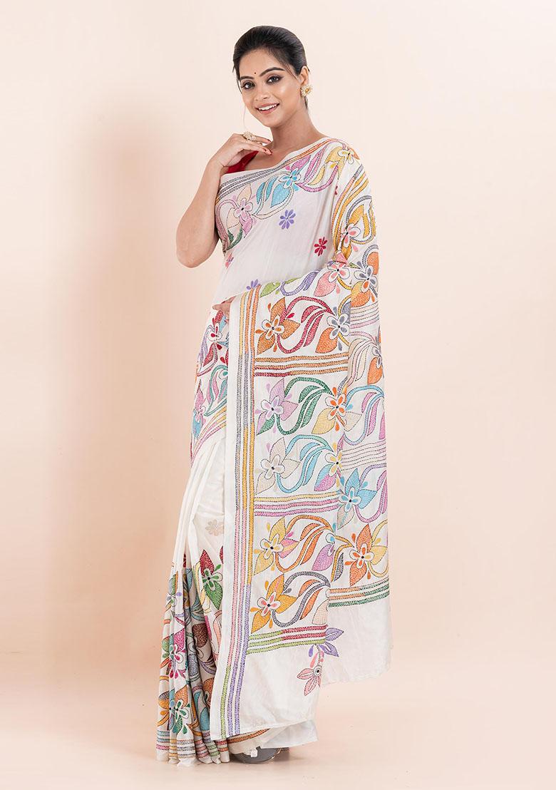 White Kantha Work Blended Silk Saree Set