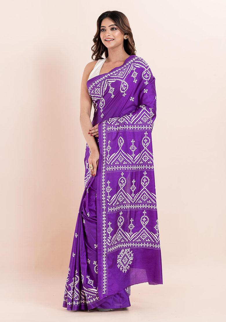 Purple Kantha Work Blended Silk Saree Set