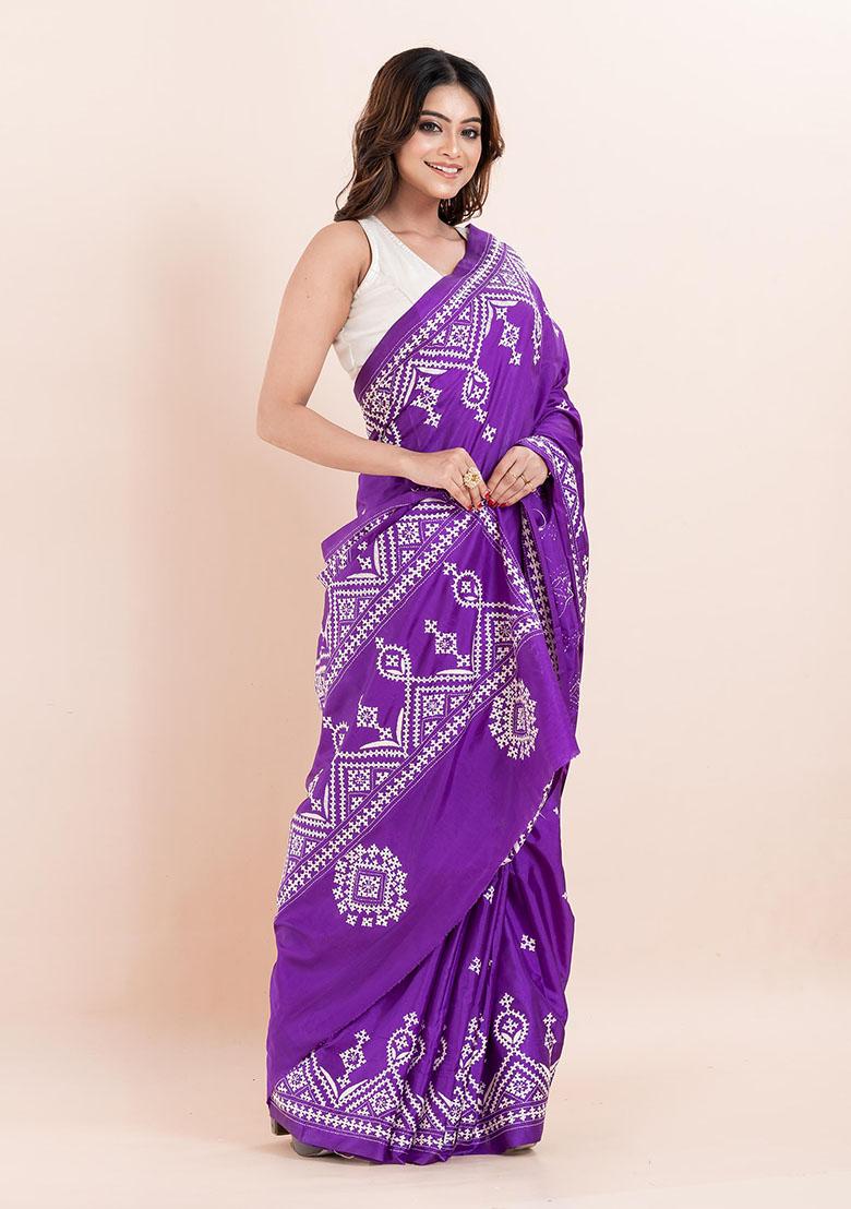 Purple Kantha Work Blended Silk Saree Set