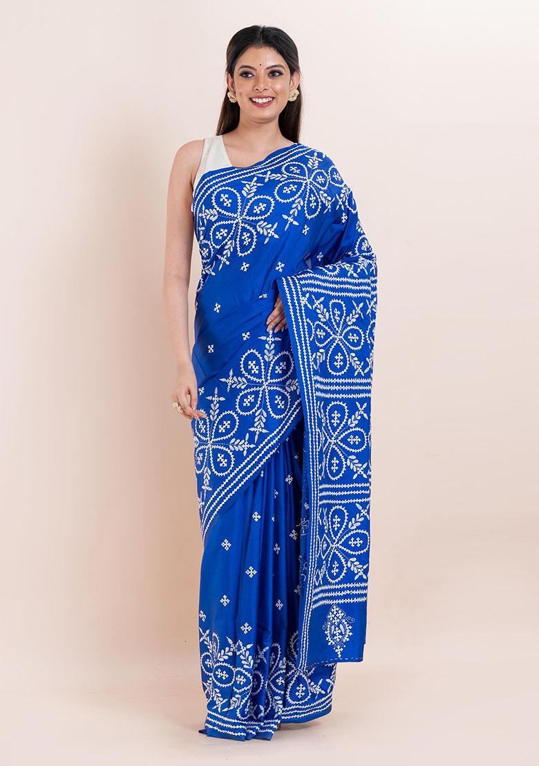 Blue Kantha Work Blended Silk Saree Set