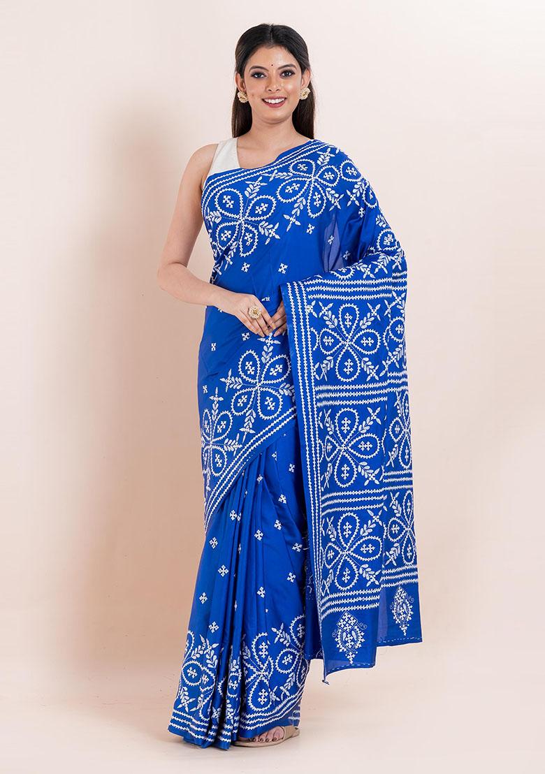 Blue Kantha Work Blended Silk Saree Set