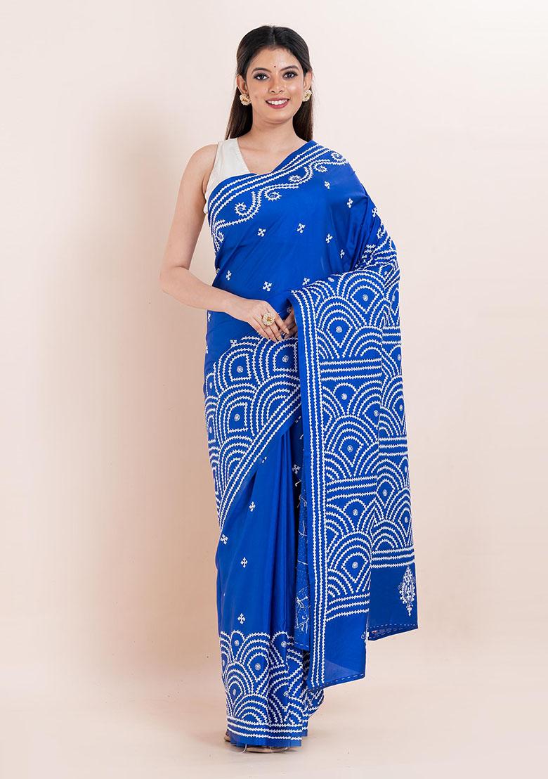 Blue Kantha Work Blended Silk Saree Set