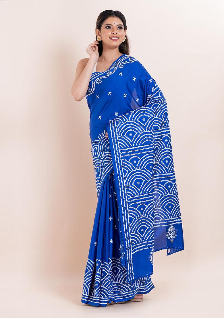 Blue Kantha Work Blended Silk Saree Set