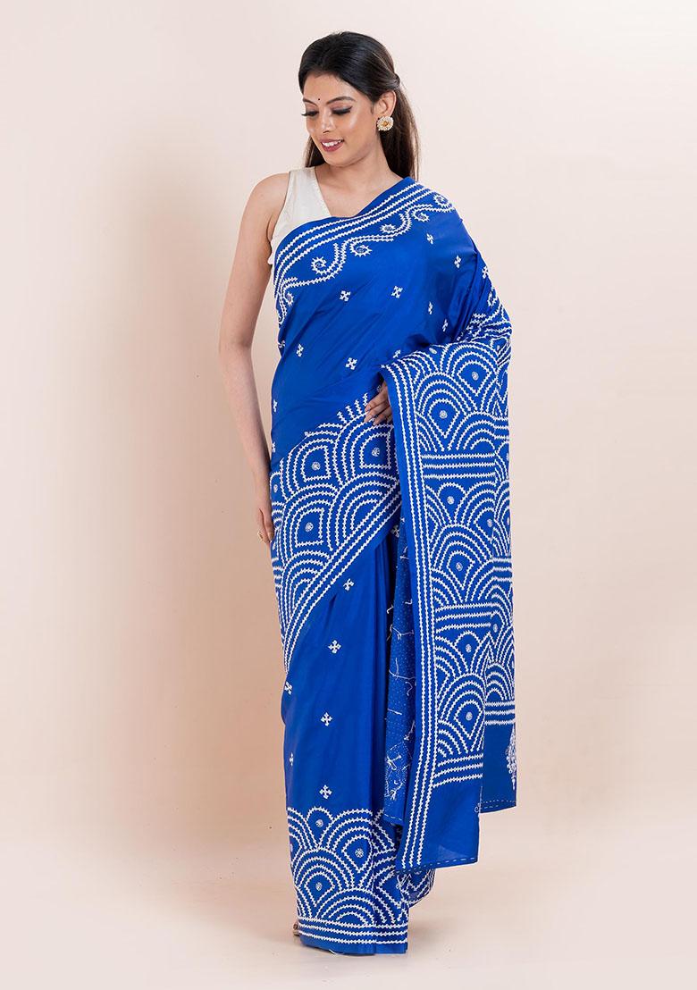 Blue Kantha Work Blended Silk Saree Set