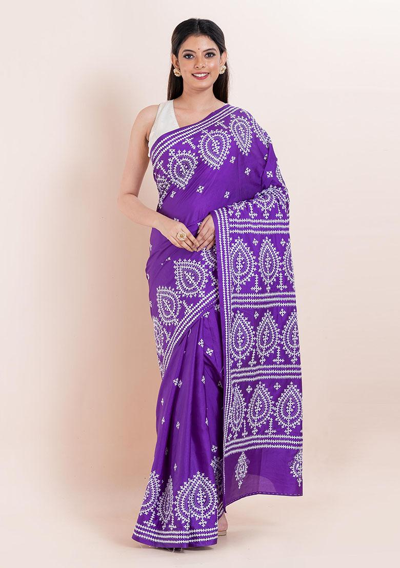 Purple Kantha Work Blended Silk Saree Set