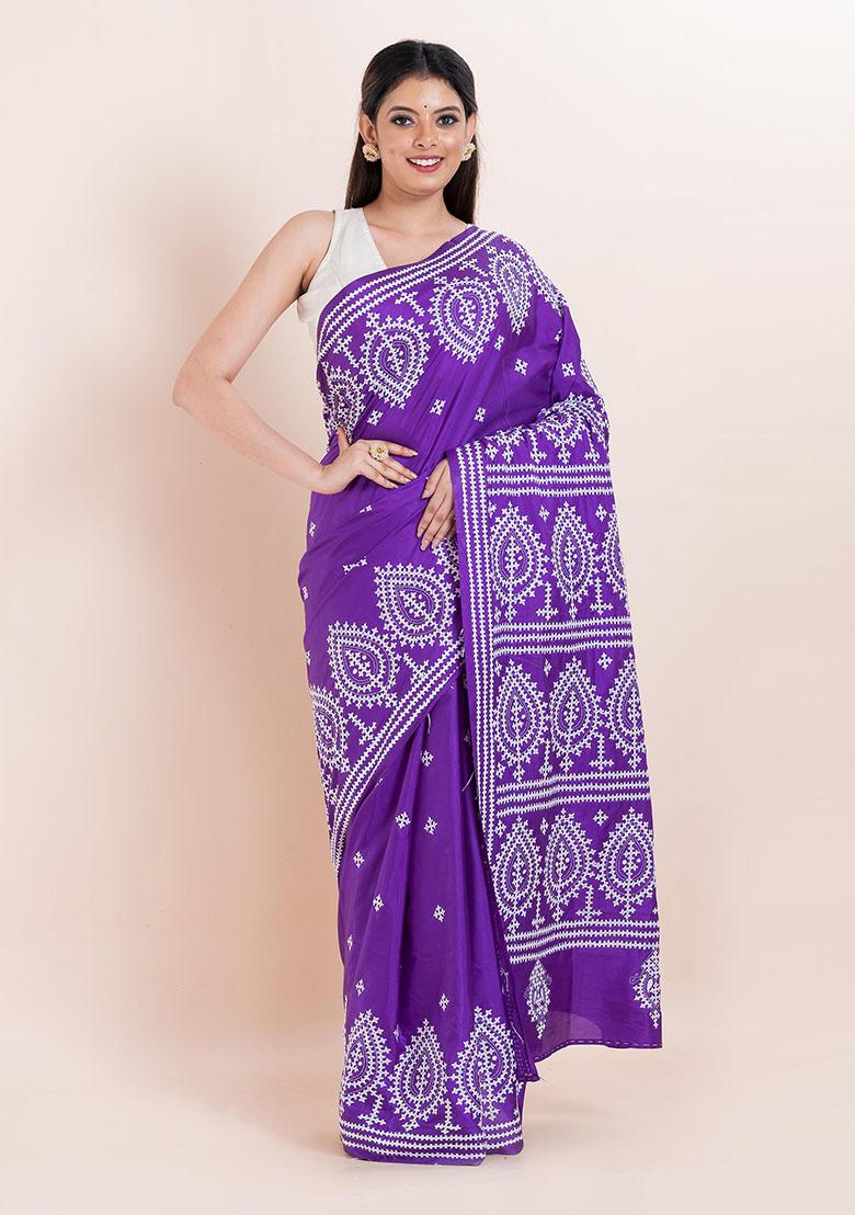 Purple Kantha Work Blended Silk Saree Set