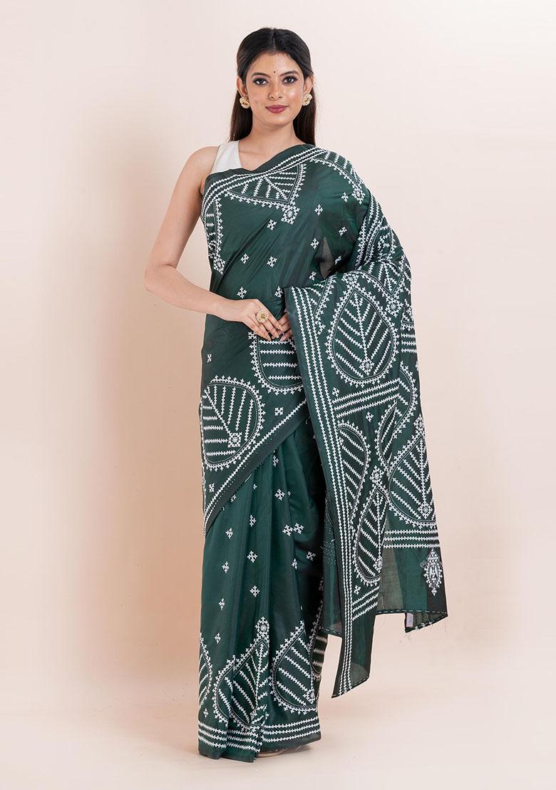 Green Kantha Work Blended Silk Saree Set