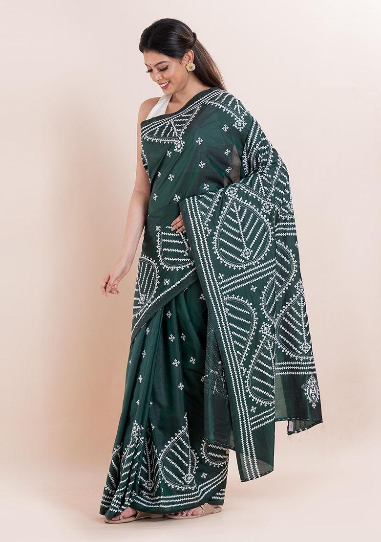 Green Kantha Work Blended Silk Saree Set