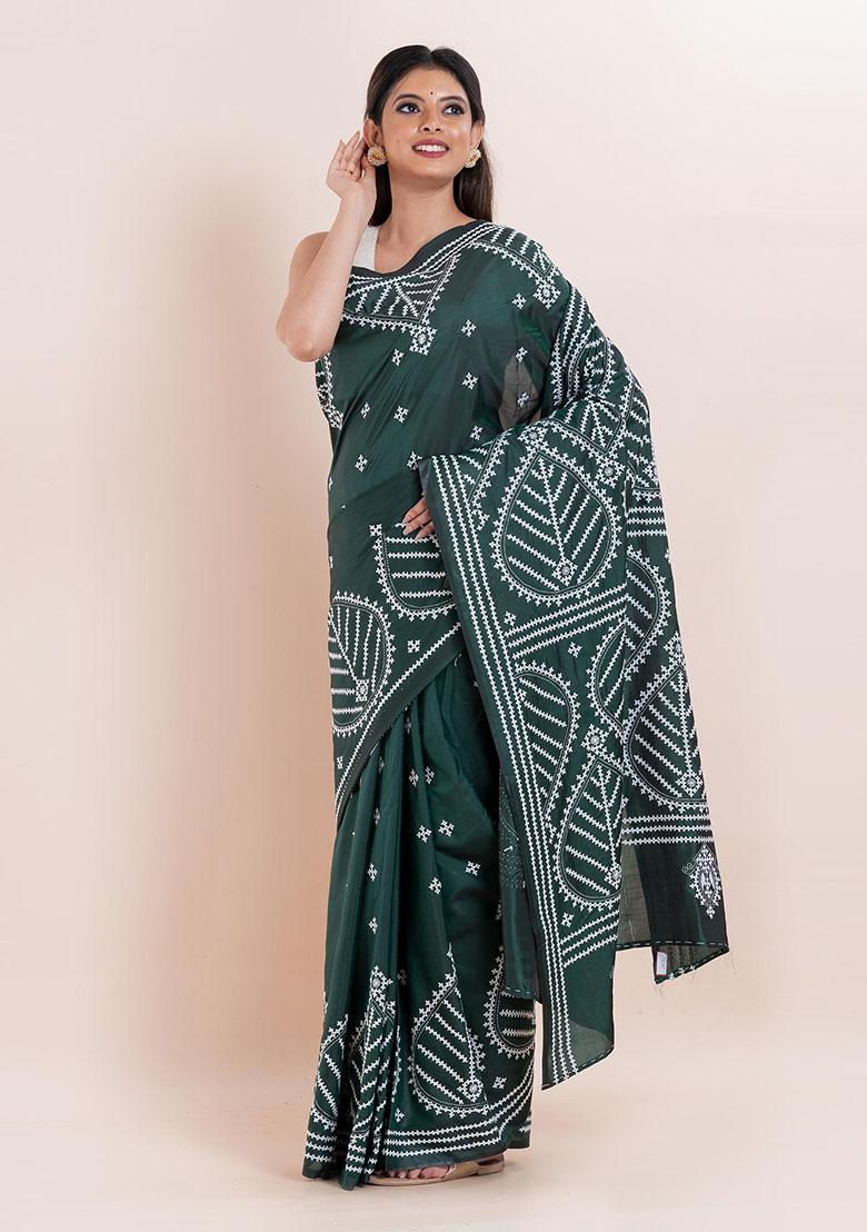 Green Kantha Work Blended Silk Saree Set