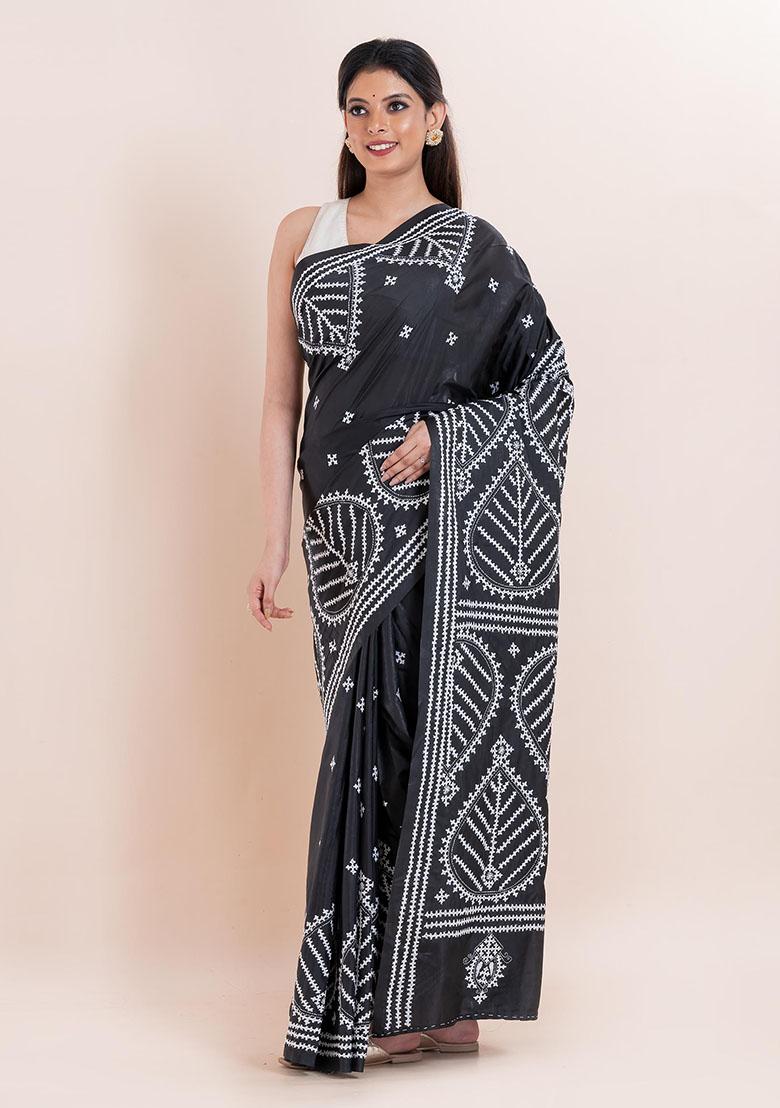 Black Kantha Work Blended Silk Saree Set