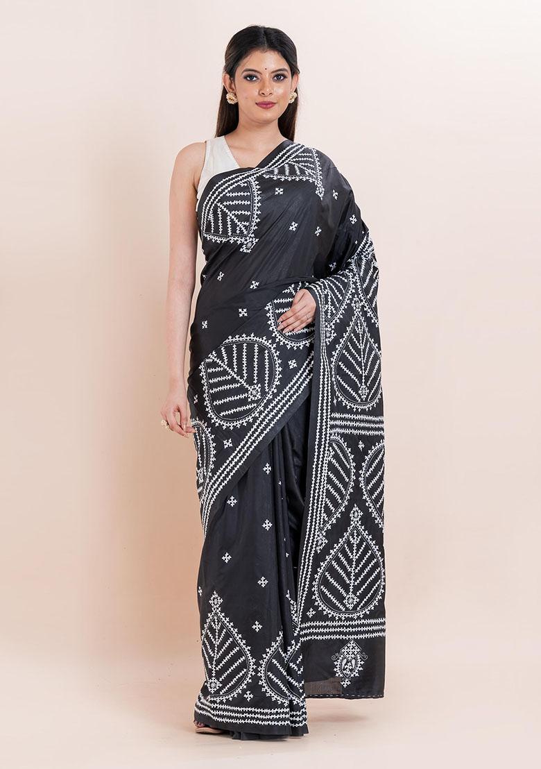 Black Kantha Work Blended Silk Saree Set