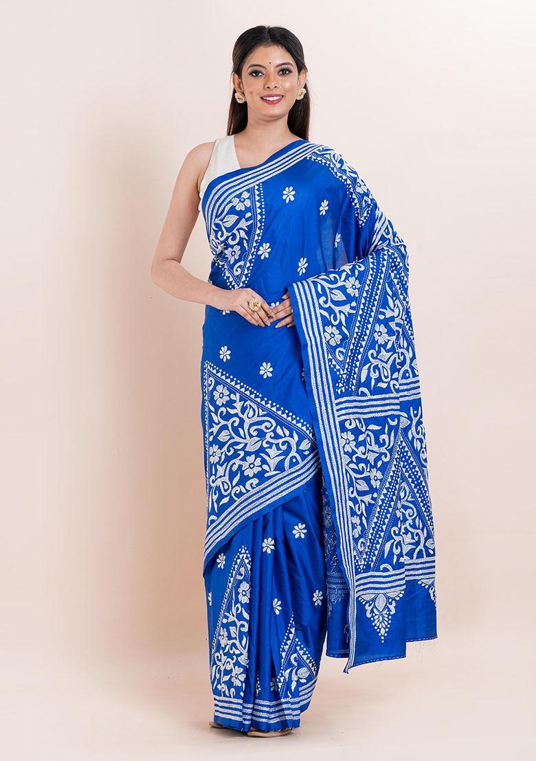 Blue Kantha Work Blended Silk Saree Set