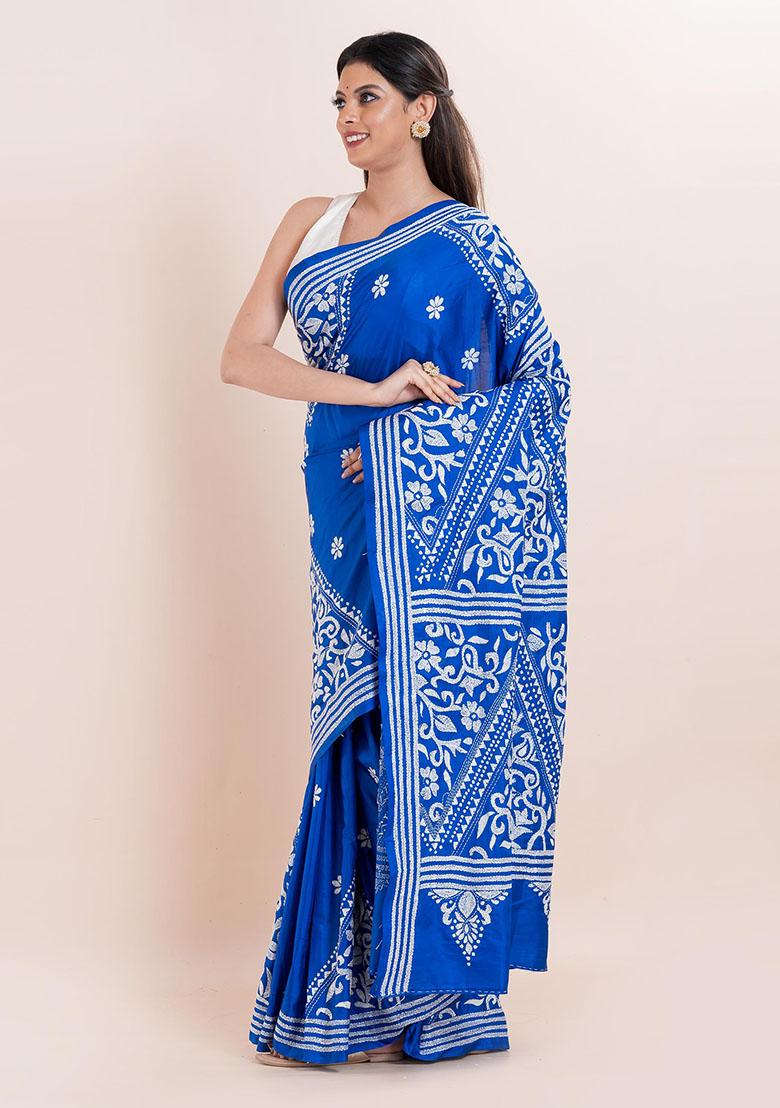 Blue Kantha Work Blended Silk Saree Set
