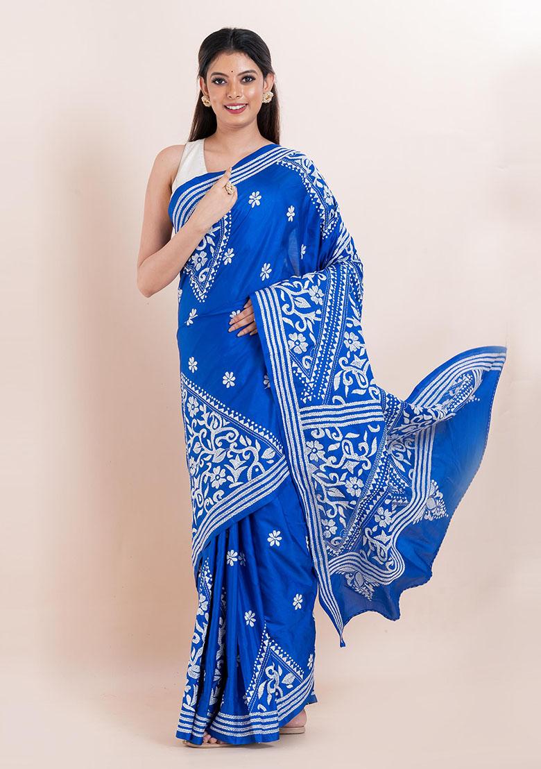Blue Kantha Work Blended Silk Saree Set