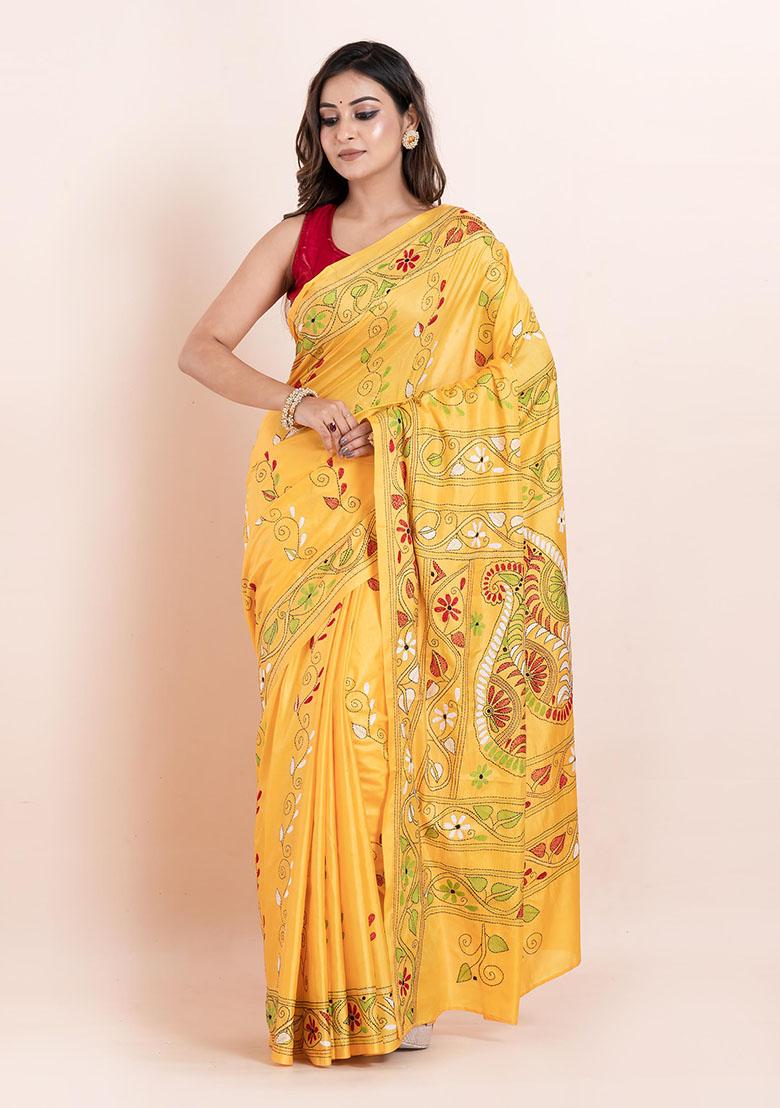 Yellow Kantha Work Blended Silk Saree Set