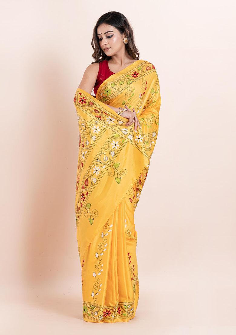 Yellow Kantha Work Blended Silk Saree Set