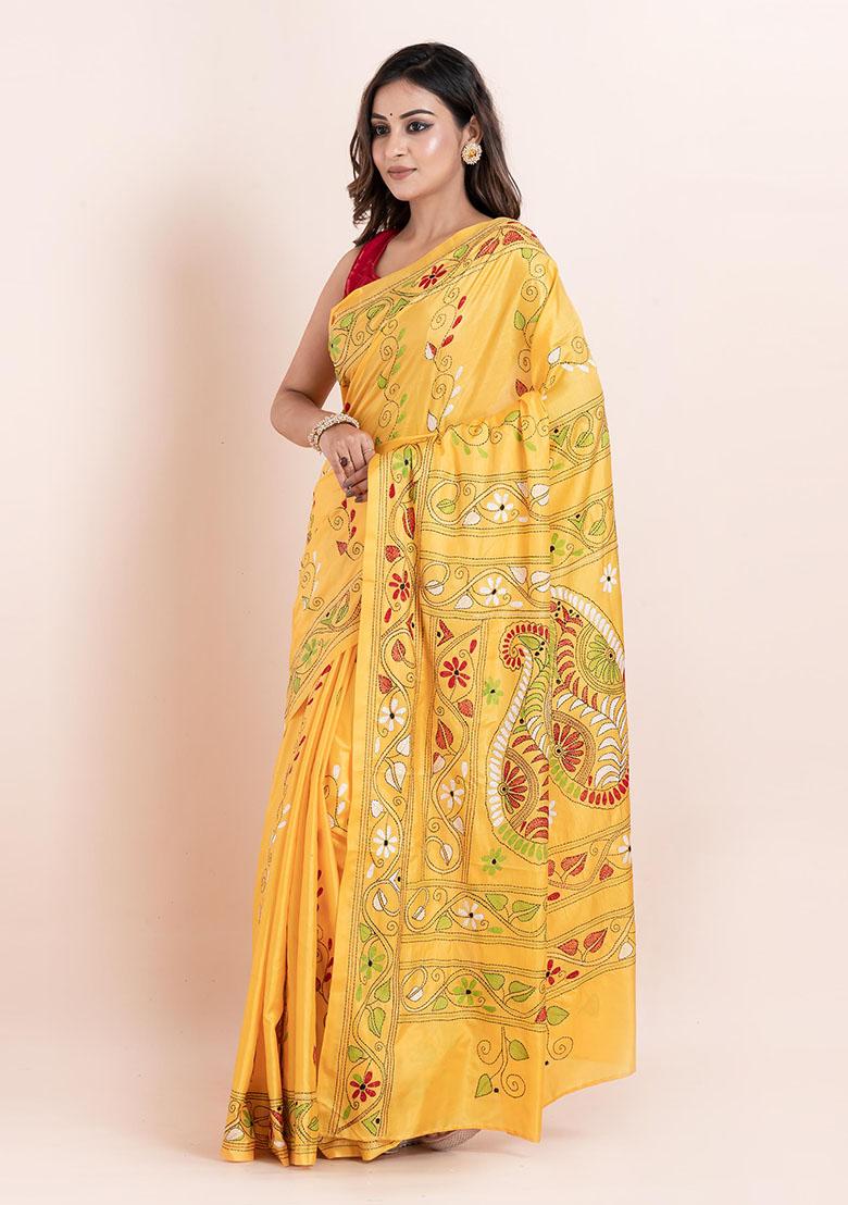 Yellow Kantha Work Blended Silk Saree Set