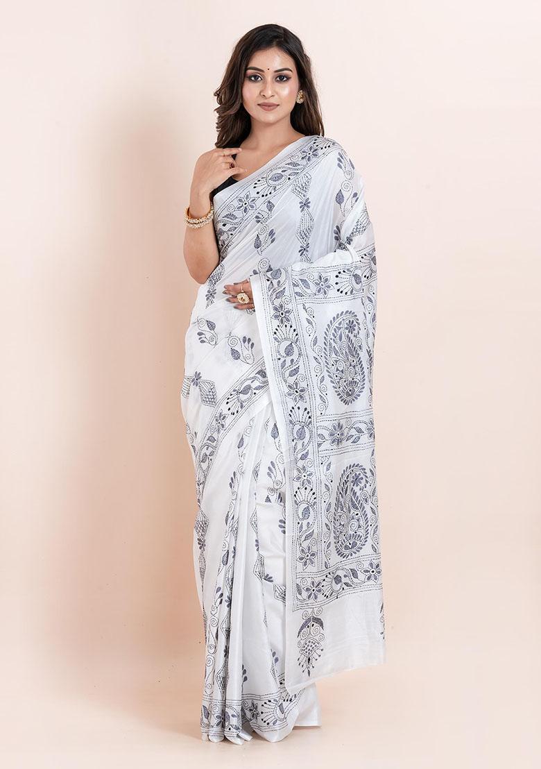 White Kantha Work Blended Silk Saree Set