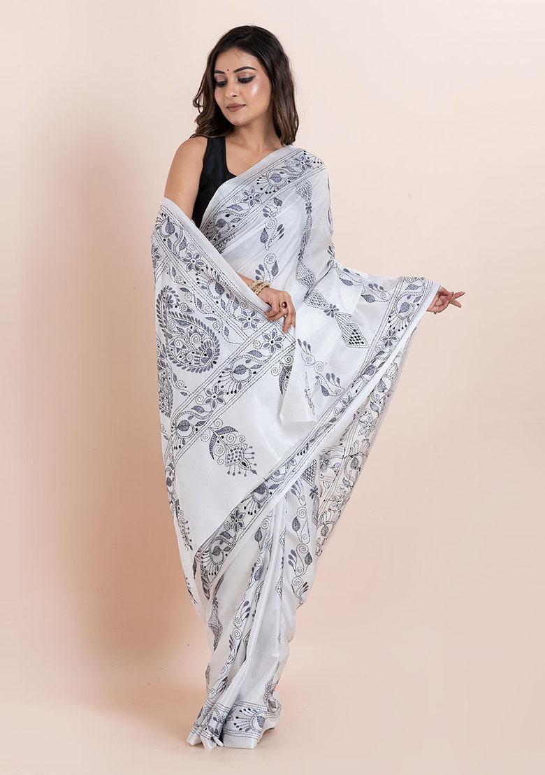 White Kantha Work Blended Silk Saree Set