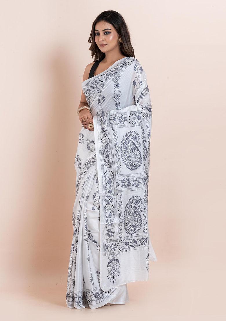 White Kantha Work Blended Silk Saree Set
