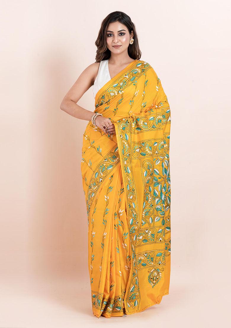Yellow Kantha Work Blended Silk Saree Set