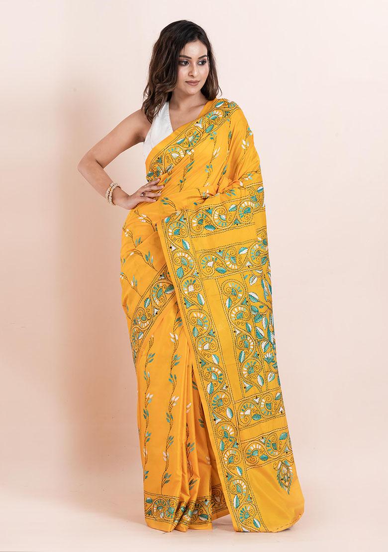 Yellow Kantha Work Blended Silk Saree Set