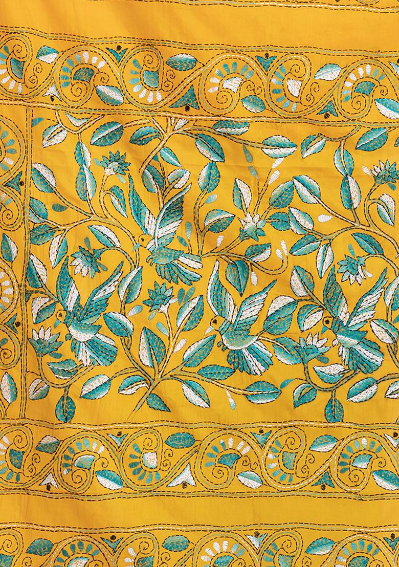 Yellow Kantha Work Blended Silk Saree Set