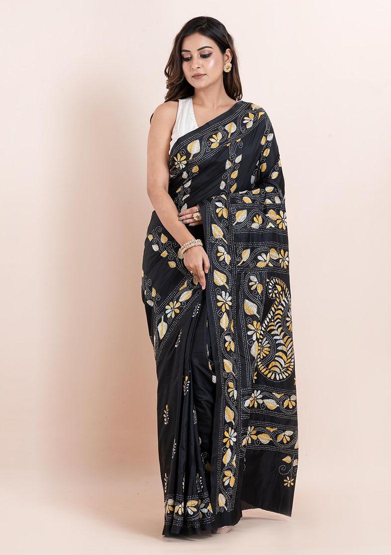 Black Kantha Work Blended Silk Saree Set