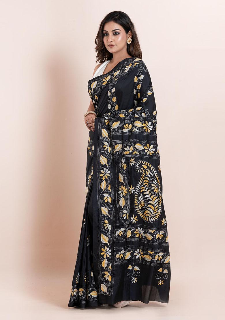 Black Kantha Work Blended Silk Saree Set