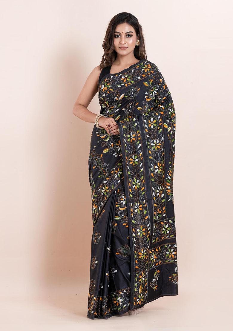 Black Kantha Work Blended Silk Saree Set
