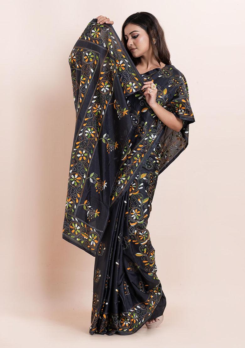 Black Kantha Work Blended Silk Saree Set
